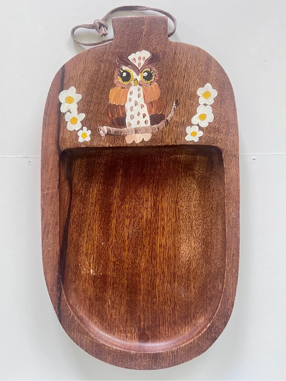 Vintage 70s Hand-Painted Owl Wood Hanging Platter Cheese Tray MCM Wall Art
